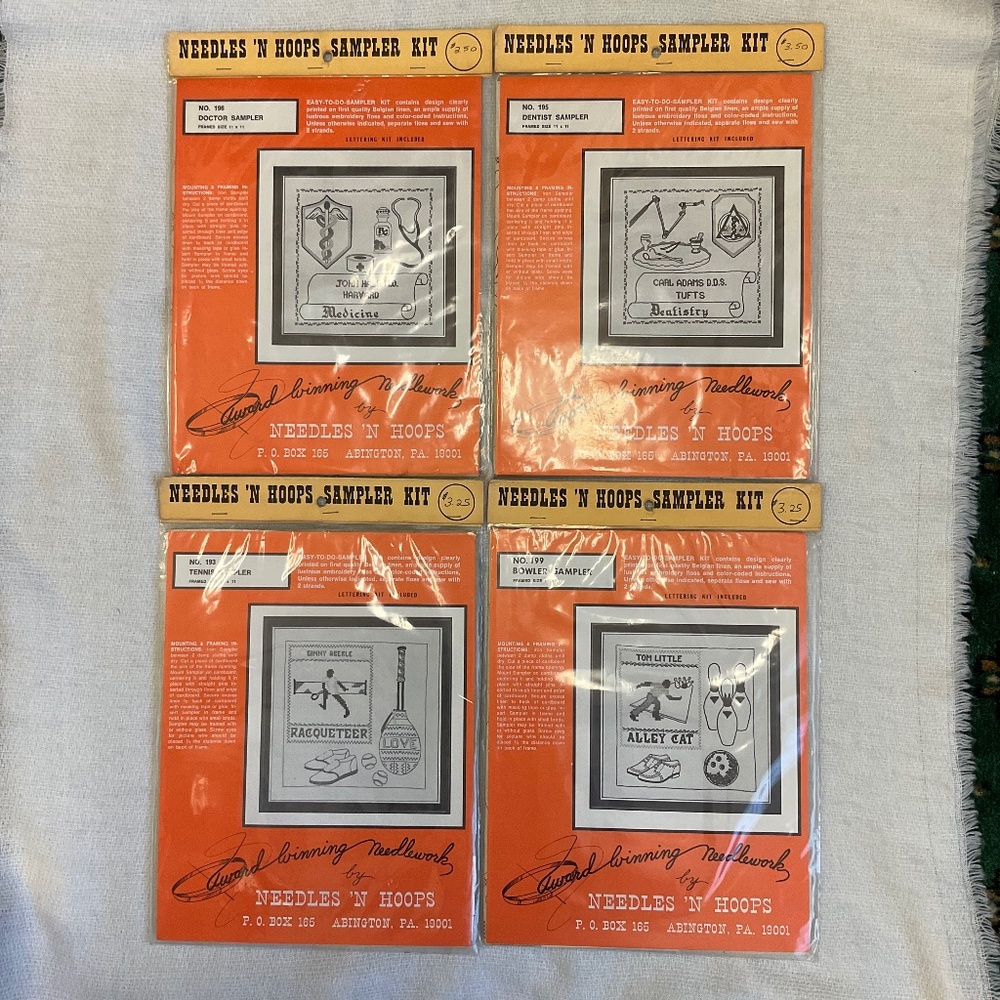 VTG Sealed Needles N Hoops Cross Stitch Sampler Kits Doctor Dentist Bowl Tennis